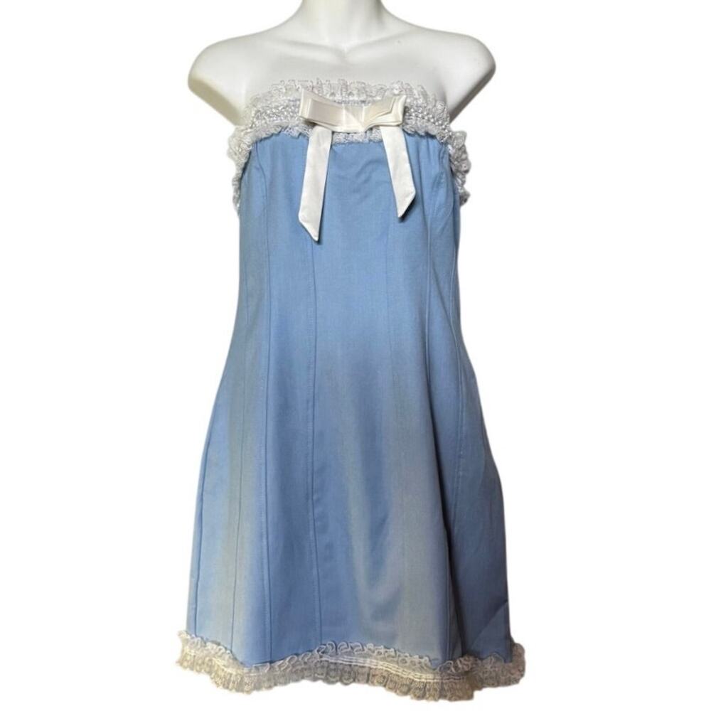 Lina Women's Light Blue Strapless Mini Dress Lace Trim Bow Stretch Size Large